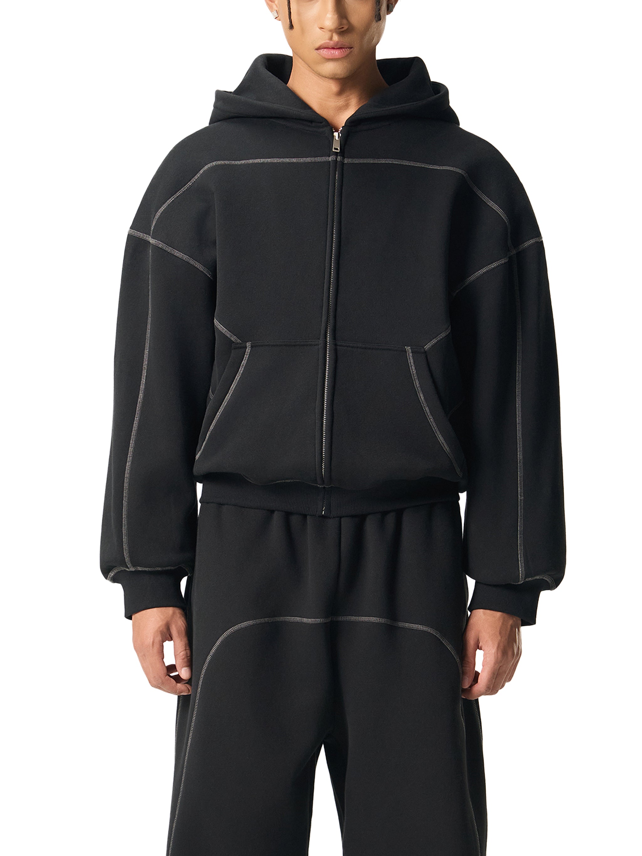 Cyber-Stitch Oversized Zip-Up Hoodie - Black