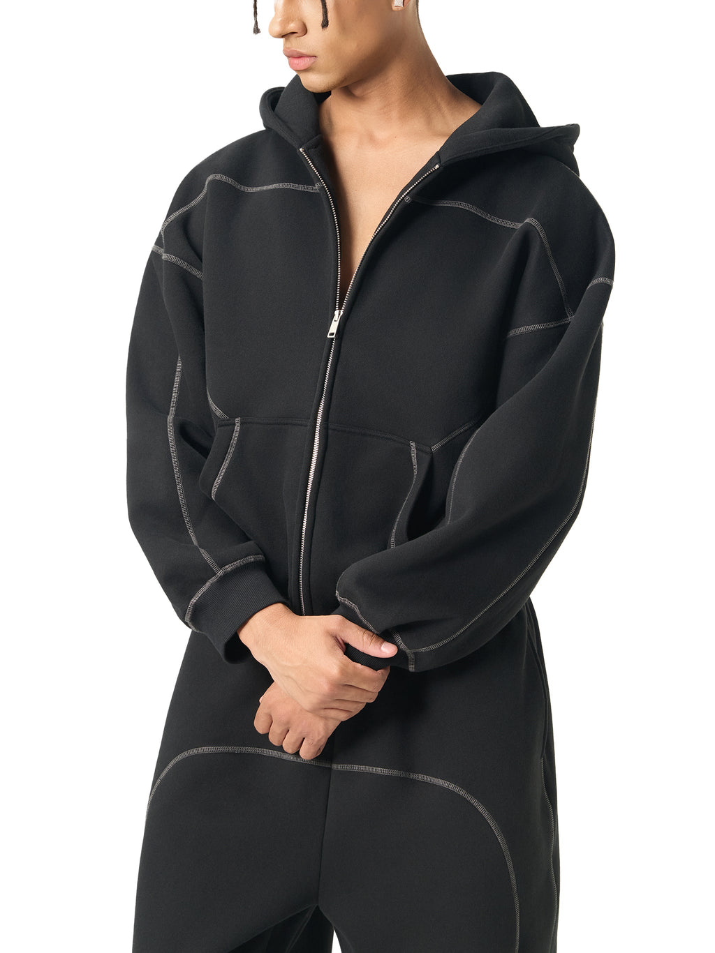 Cyber-Stitch Oversized Zip-Up Hoodie - Black
