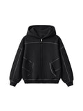 Cyber-Stitch Oversized Zip-Up Hoodie - Black