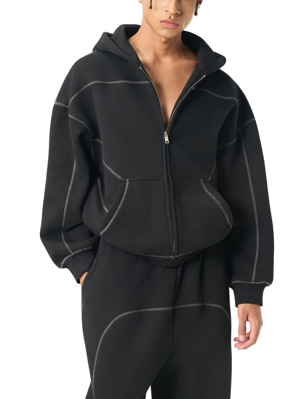 Cyber-Stitch Oversized Zip-Up Hoodie - Black