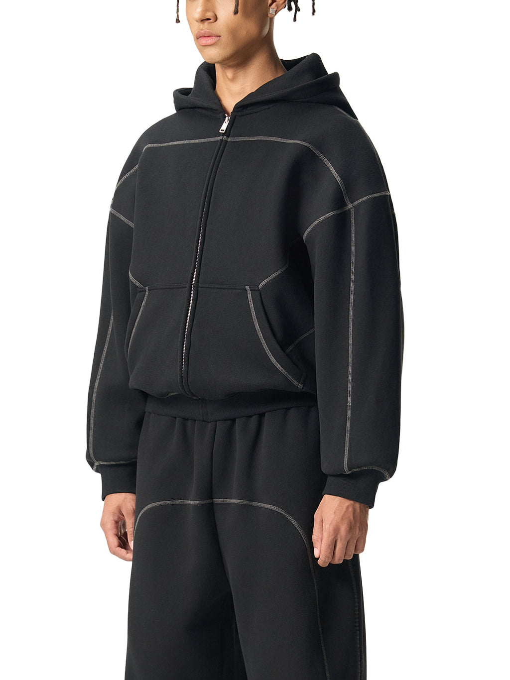 Cyber-Stitch Oversized Zip-Up Hoodie - Black